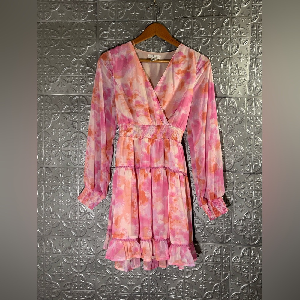 Japna Pink Long Sleeve Mini Ruffle Dress Spring Pastel tie back belt resortwear - Picture 2 of 7